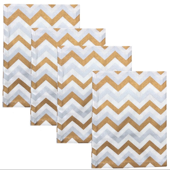4 Dinner Napkins Set Linen Chevron Gold Silver 20” - Picture 2 of 8